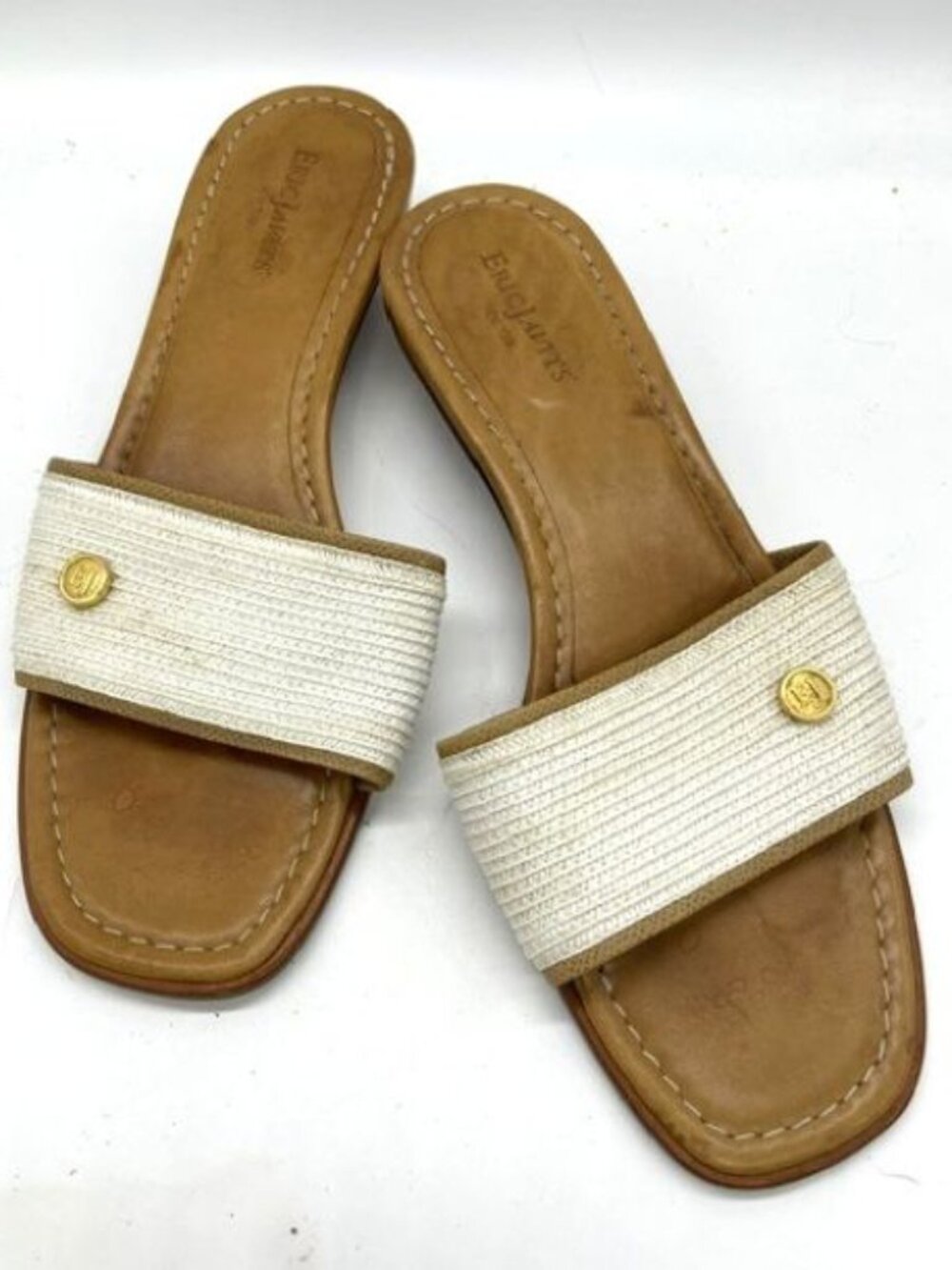 Eric Javits White Straw Strap Logo Low Heel Flat Sandals Size 9